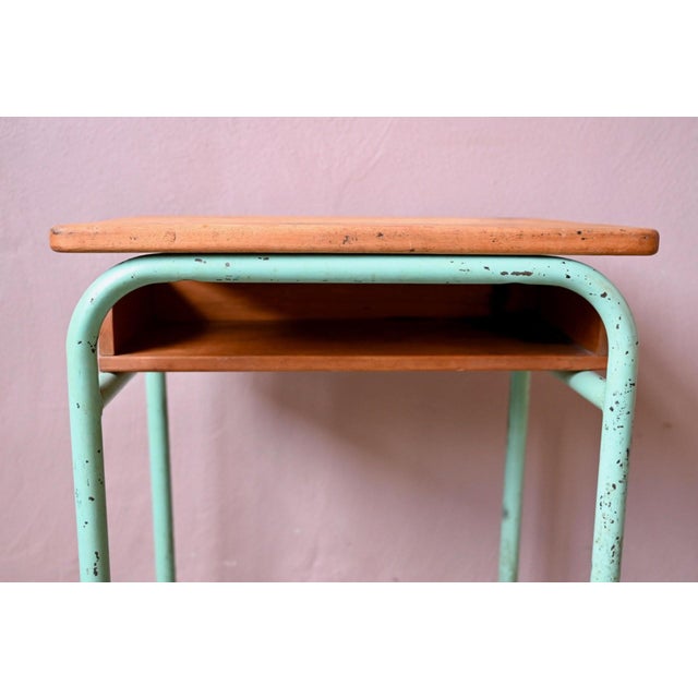 Brown Vintage School Desk in Mint Green Metal and Wood, 1950s For Sale - Image 8 of 9