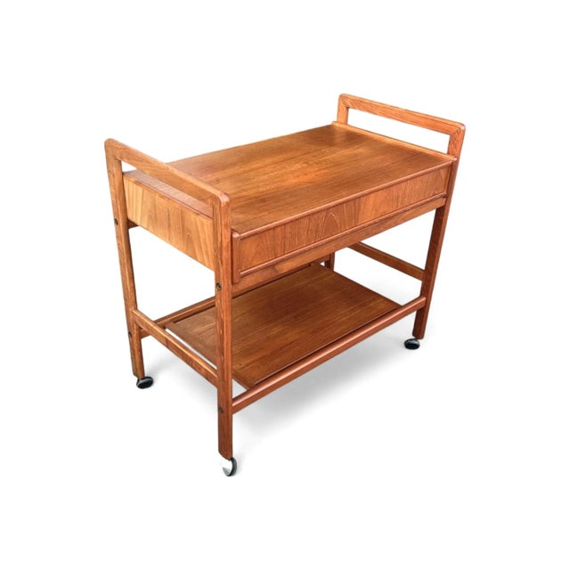 1960s Danish Modern Teak Bar Cart – Restored Two-Tier Design With Drawers and Casters For Sale - Image 9 of 18