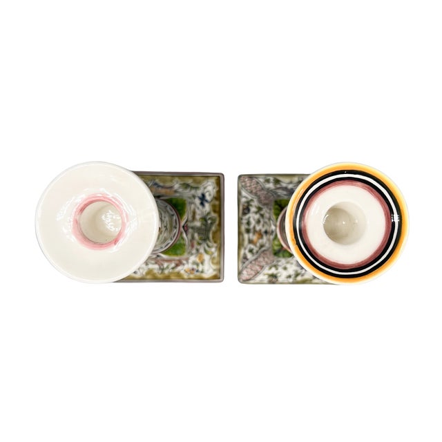 Pair of Hand-Painted Portuguese Faience Candlesticks by C. Melo With Birds, Dog, Castle & Deer – Folk Art / European Traditional For Sale - Image 9 of 18