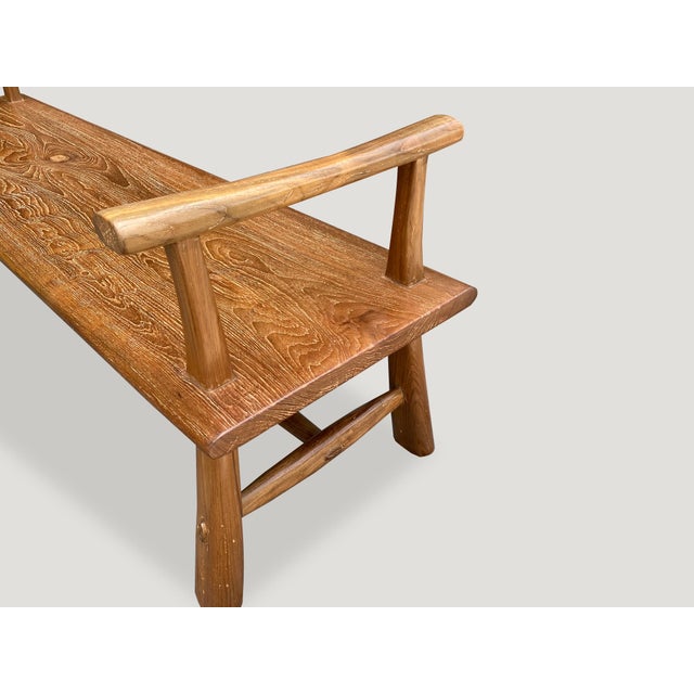 Andrianna Shamaris Midcentury Couture Teak Wood Bench with Arms For Sale - Image 12 of 18