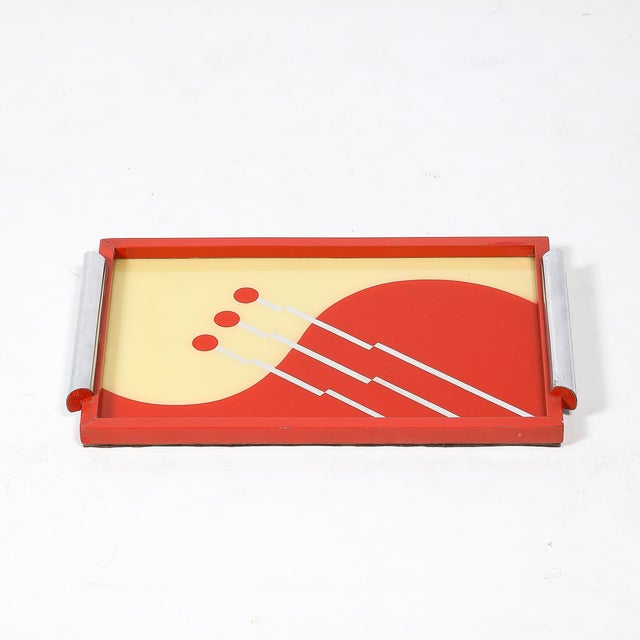 Art Deco Eglomise Graphic Geometric Detailed Tray in Vermillion Red & Yellow For Sale - Image 14 of 17