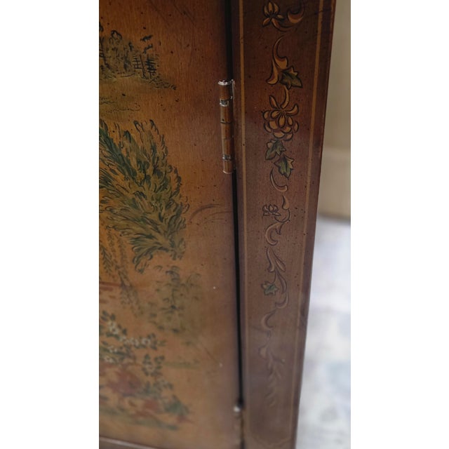 Wood Vintage Ethan Allen Hollywood Regency Chinoiserie Stereo Bar Cabinet, Hand-Painted Chinese Landscape For Sale - Image 7 of 18