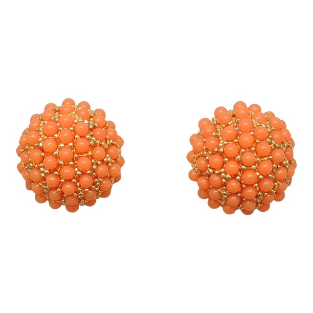 Vintage 1960s Signed Hobe Round Goldtone Faux-Coral Cabochon Clip Earrings - 2 Pieces For Sale