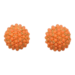 Vintage 1960s Signed Hobe Round Goldtone Faux-Coral Cabochon Clip Earrings - 2 Pieces