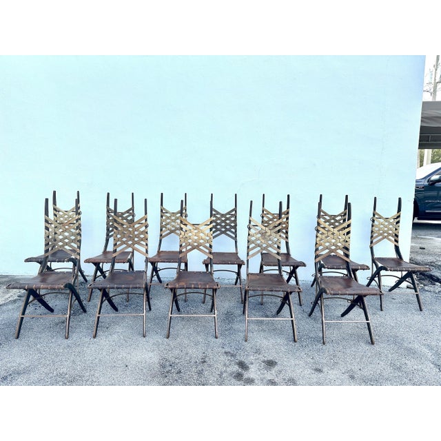 Alberto Marconetti Original Oak, Iron & Leather Straps Dining Chairs - Set of 12 For Sale - Image 12 of 12