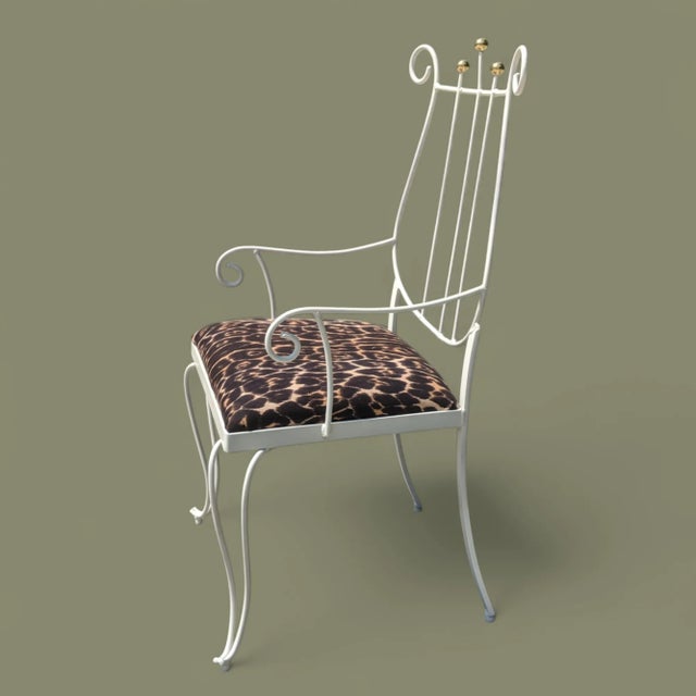 Vintage White Wrought Iron Lyre Arm Chair With Leopard Seat Cushion For Sale - Image 10 of 12