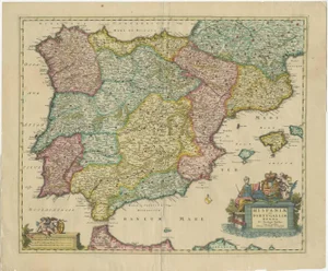 Antique Map of the Iberian Peninsula with Two Decorative Cartouches
