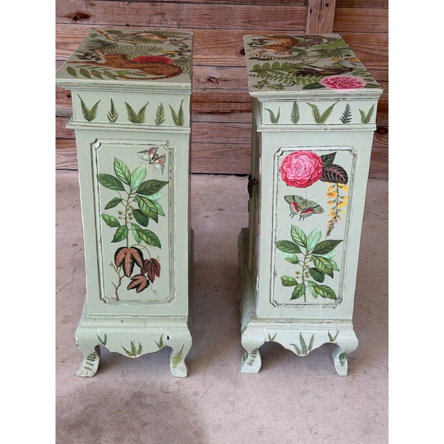 Mid 20th Century Vintage Hand-Painted Tropical Folk Art Cabinets With Botanical & Animal Motifs-Pair For Sale - Image 5 of 12