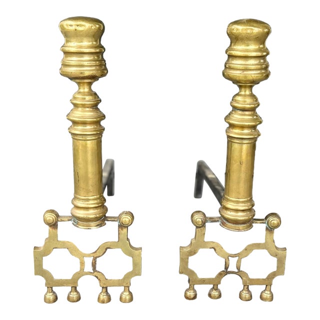 Antique Brass Fireplace Andirons With Iron Log Supports | English Style Turned Finials | 19” Tall For Sale