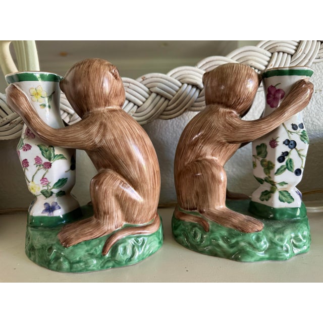 Green Antique Pair of Early Export Chinoiserie Ceramic Monkey Vase/Candlestick Holders For Sale - Image 8 of 12