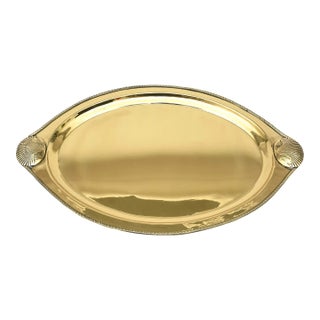 Vintage Brass Large Oval Tray With Shell and Braided Design For Sale