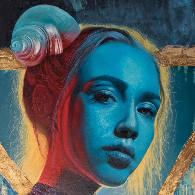 Contemporary Blue Aura by Andrada Trapnell | Mixed media on board portrait of a woman with blue tones For Sale - Image 3 of 5