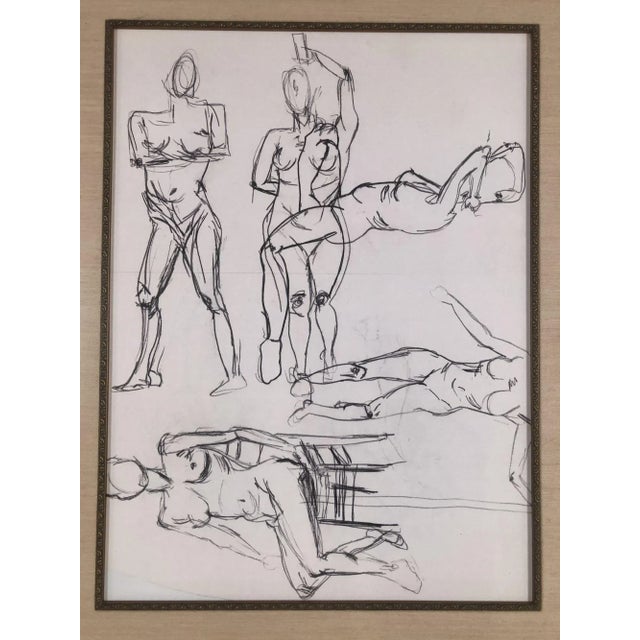 1990s Nude Female Figurative Pencil on Paper Drawings in Gold Tone Frame, Pair For Sale - Image 5 of 7