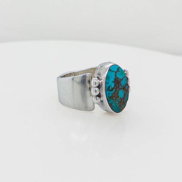Navajo Delvin John Sterling Silver & Turquoise Cabochon Signet Style Ring For Sale - Image 4 of 11