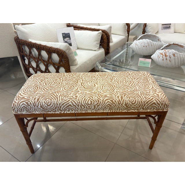 1970s Vintage Faux Bamboo Wood Bench Newly Upholstered Quadrille Fabric For Sale - Image 5 of 12