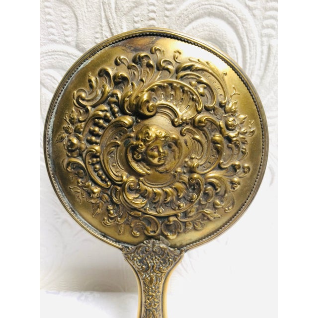 Victorian 1890’s Antique Victorian Gold Hand Mirror Angel Face For Sale - Image 3 of 9