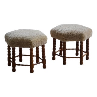 Mid-Century Danish Oak Stools with Hexagonal Seats and Bobbin Legs, 1950s, Set of 2 For Sale