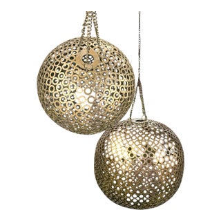 Gold-Tone Metal Spheres, 15” Decorative Pair for Hanging or Stacking For Sale