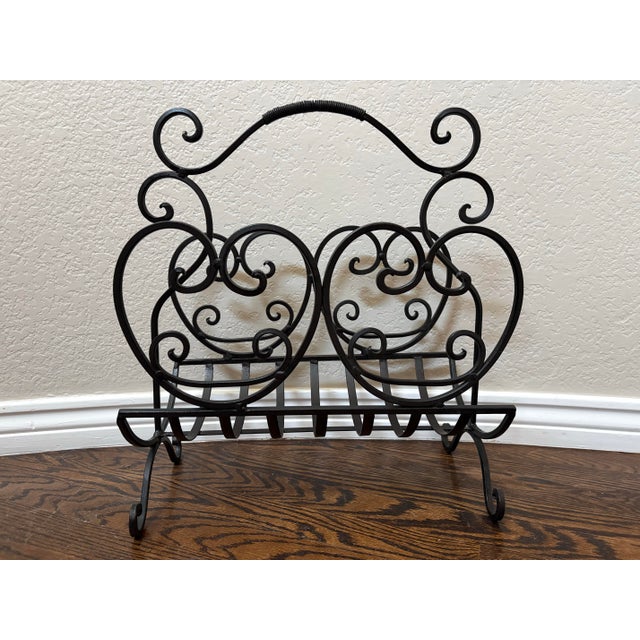 Traditional Vintage Wrought Iron Scroll Magazine Rack | Tuscan & Mediterranean Style For Sale - Image 3 of 12