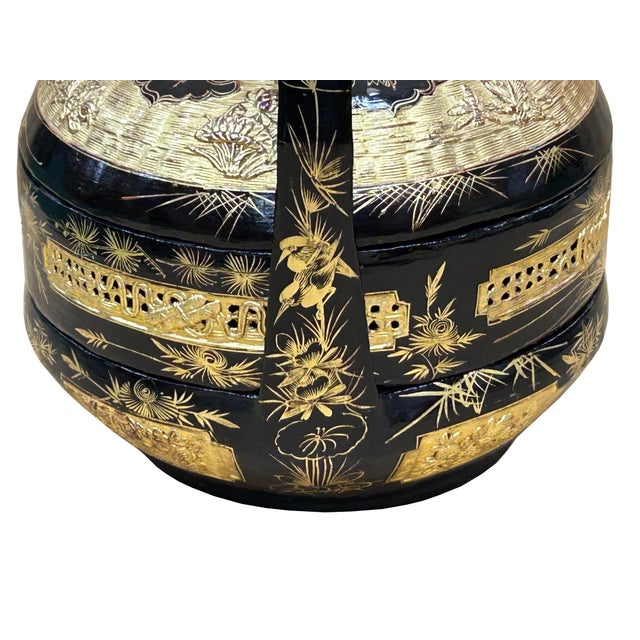 Vintage Oriental Black Golden Graphic Stack Wedding Basket Display For Sale - Image 4 of 17