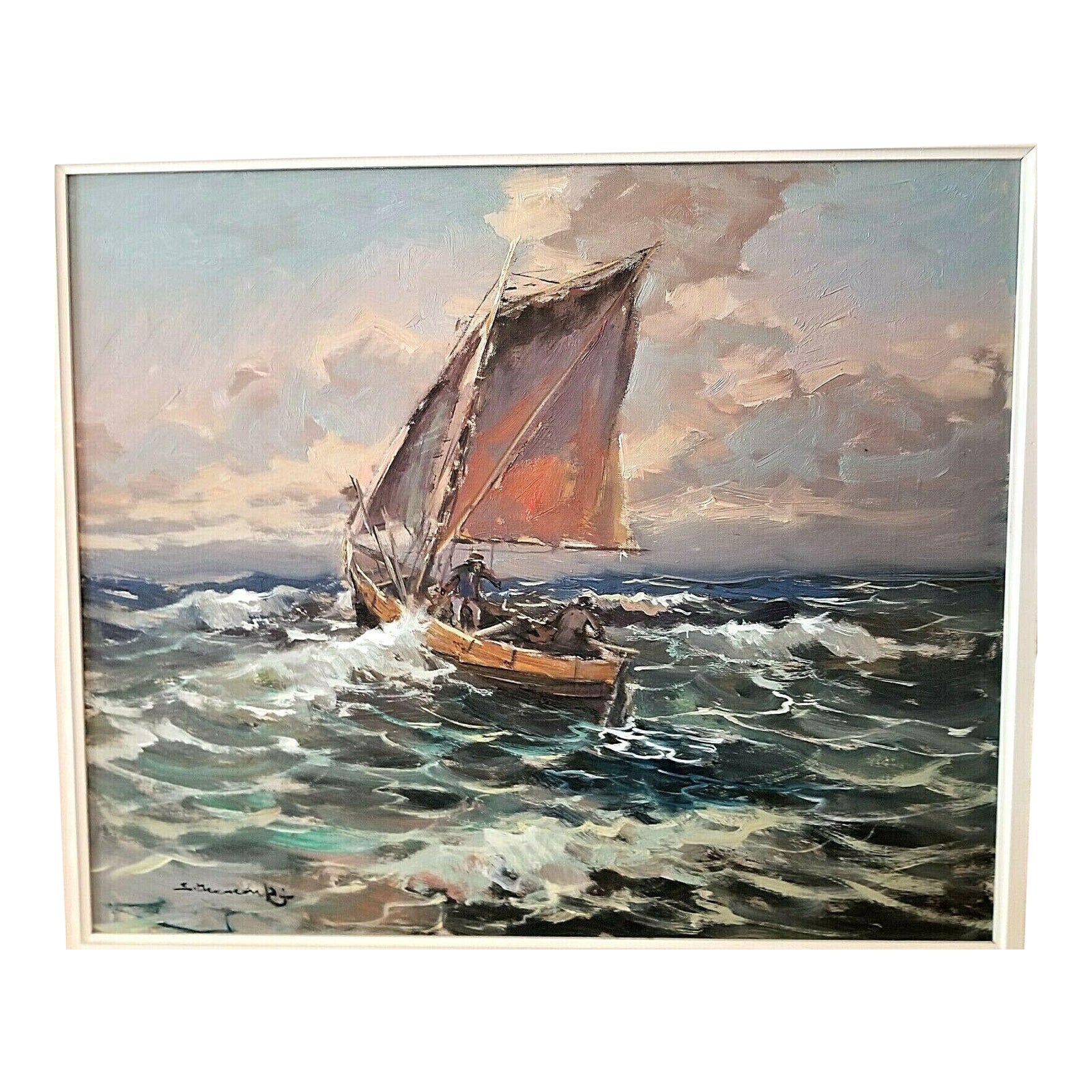 Wonderful Vintage Artist Signed Oil Painting of Sailing Boat on Rough
