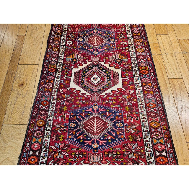Antique Persian Heriz Karajeh Runner, Hand-Knotted Wool, Geometric Medallion Pattern, Red & Navy, 4x14 For Sale - Image 18 of 18