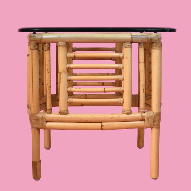 1970s Pair of Fretwork Burnt Bamboo Glass Top End Tables For Sale - Image 4 of 4