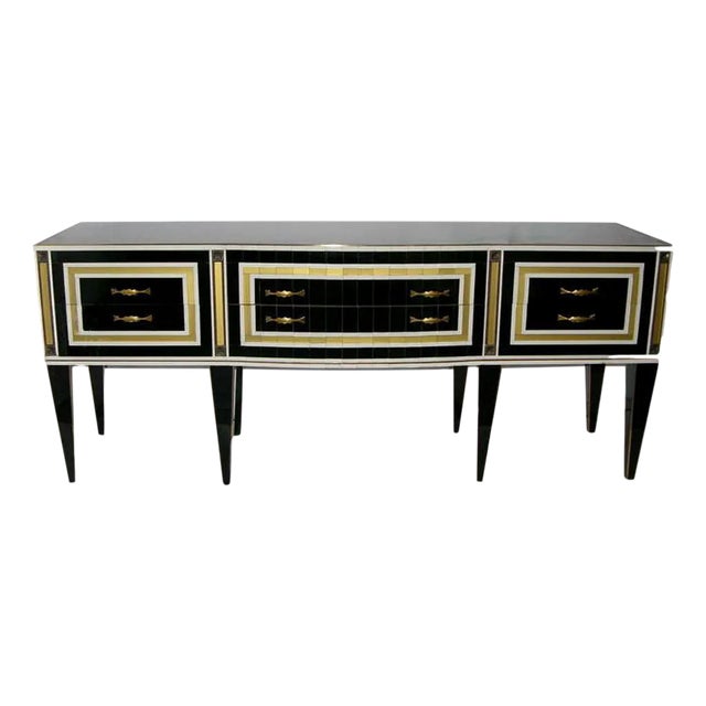 1950s Italian Art Deco Style Black Glass With White and Bronze Insets Sideboard For Sale