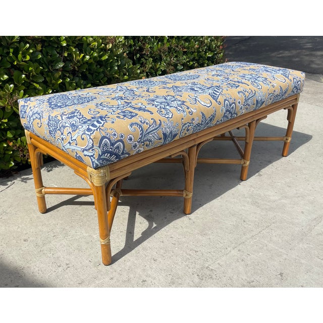 Boho Chic Authentic McGuire Vintage Rattan Bench, New Schumacher Upholstery For Sale - Image 3 of 8