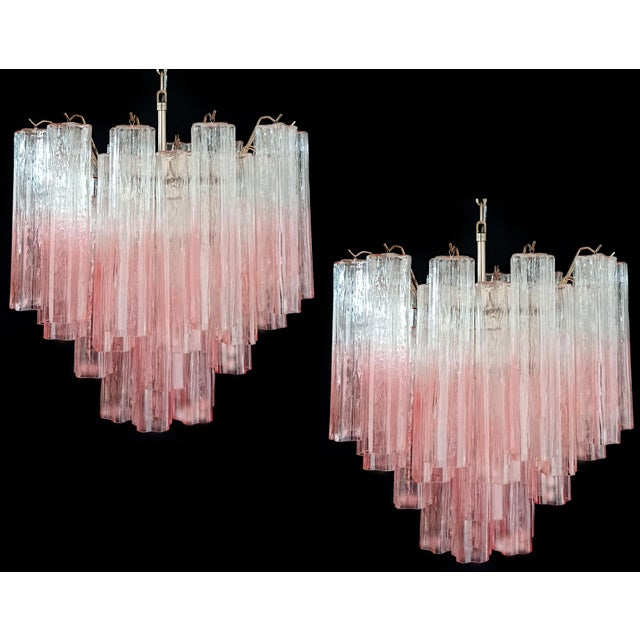 Pair Italian vintage chandeliers in Murano glass and nickel-plated metal structure. The armor polished nickel supports 36...