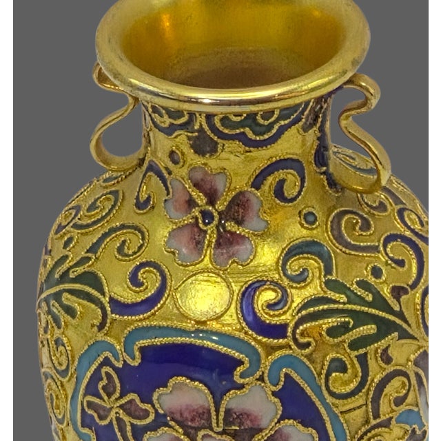 Vintage Ornate Jeweled Cloisonne Hand Painted Enamel Gilded Floral Small Vase For Sale - Image 6 of 11