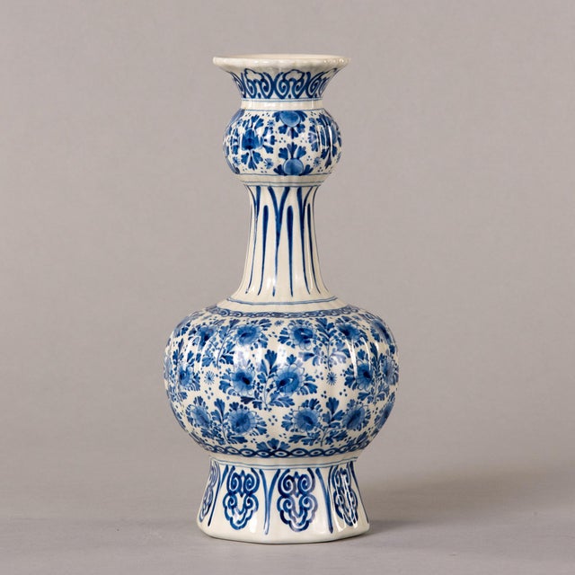 Ceramic 19th Century Dutch Delft Blue and White Garlic Neck Vase For Sale - Image 7 of 11