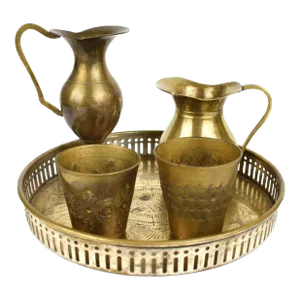 Mid 20th Century Small Brass Decorative Pitchers Cups and Tray Set - 5 Pieces