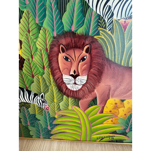 Folk Art Signed 1986 Henri Filsaimond Haitian Jungle Painting – Lion, Zebra & Giraffe Naïve Folk Art, Framed For Sale - Image 3 of 7