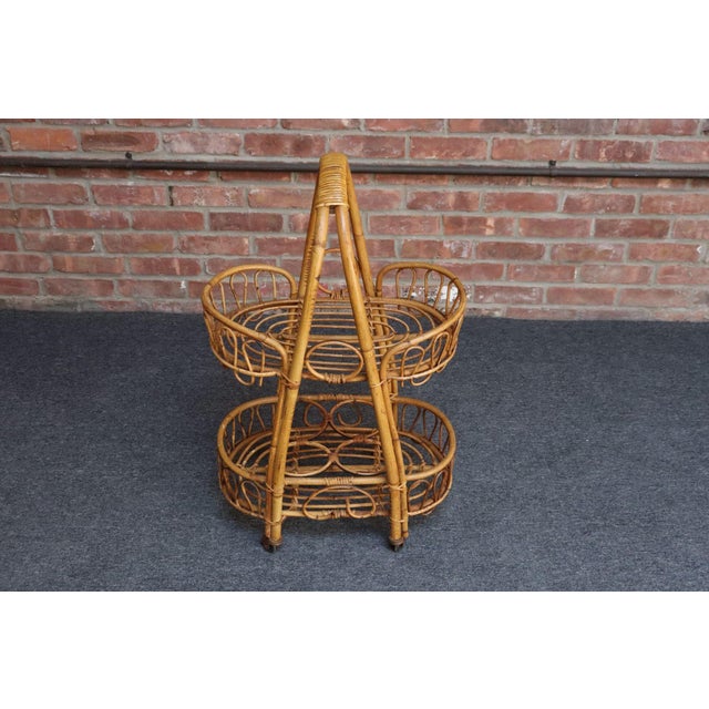 Vintage Italian Oval Bar Cart / Trolley on Caster Wheels in Bamboo and Rattan For Sale In New York - Image 6 of 18