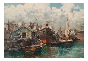 Ezelino Briante, Vue d'un port, Oil on Canvas, Framed