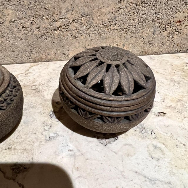 AMBIANIC presents Vintage Art Pottery Sculptural Trinket Vessels covered jars large 2.5 h x 2.75 diameter signature at...