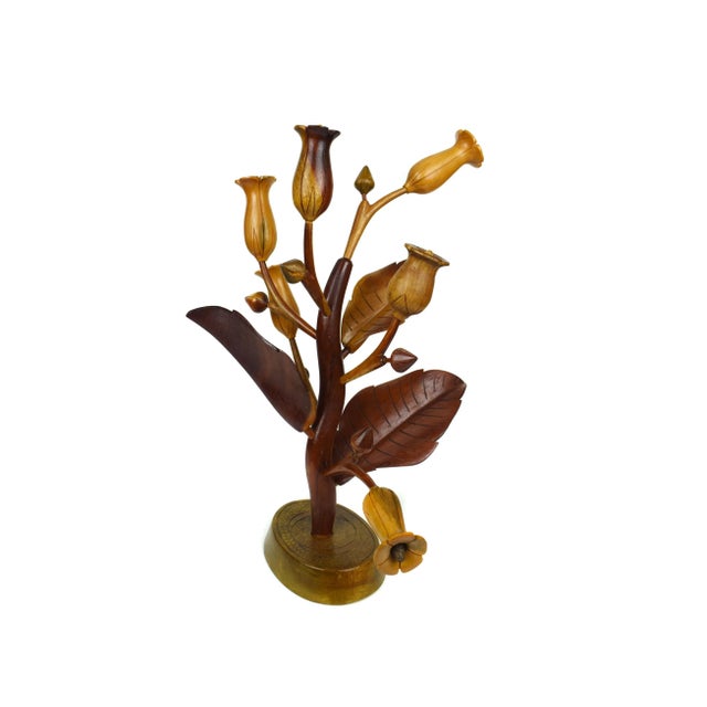Stunning mid century modern solid wood carved flower arrangement Art figurine. The main stem is sitting on a oval shape...