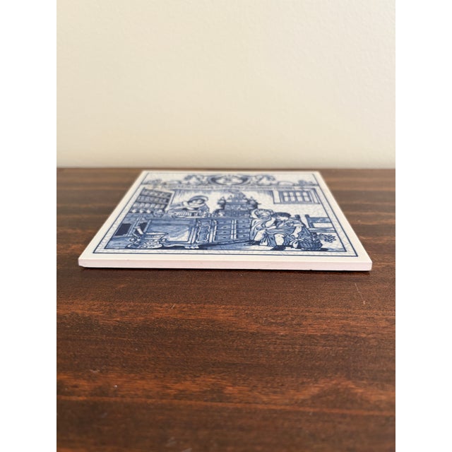 French Country Dutch Delft Blue and White Porcelain Tile - Women Pharmacists For Sale - Image 3 of 4