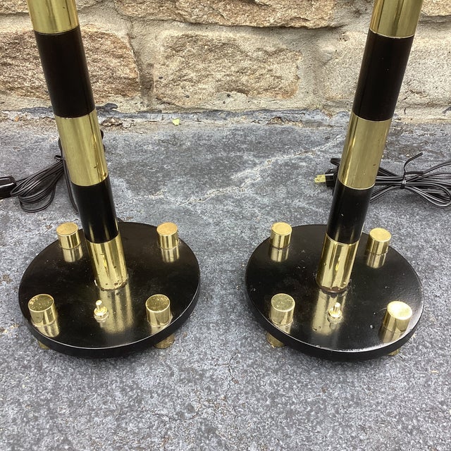 Pair of Italian Mid Century Modern Brass and Black Enameled Brass Table Lamps For Sale - Image 4 of 7