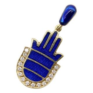 1990s 14k Gold and Blue Enamel Hamsa Pendant With Diamonds For Sale