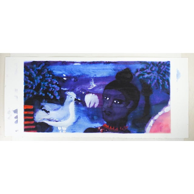 Late 20th century watercolor on paper surreal painting with figure and white bird. Unsigned. Unframed, image size 24" x 12".