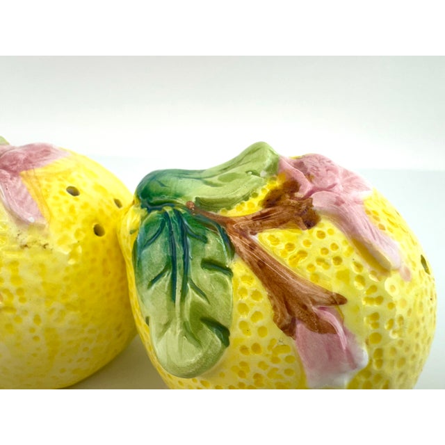 Yellow Vintage Majolica Style Lemon Salt & Pepper Shakers – Hand-Painted Ceramic, a Pair For Sale - Image 8 of 10