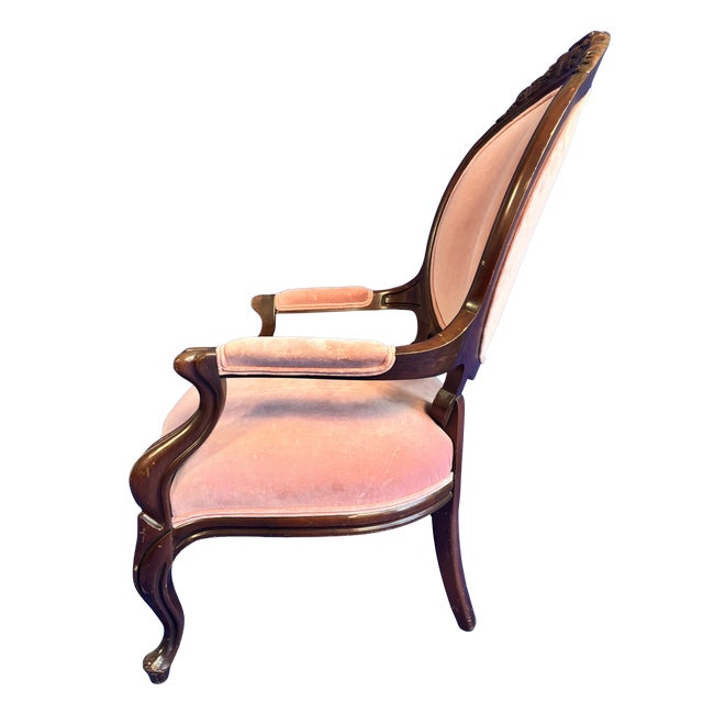 Mid-Century Modern Antique Victorian Rococo Revival Balloon-Back Armchair in Rose Velvet For Sale - Image 3 of 6