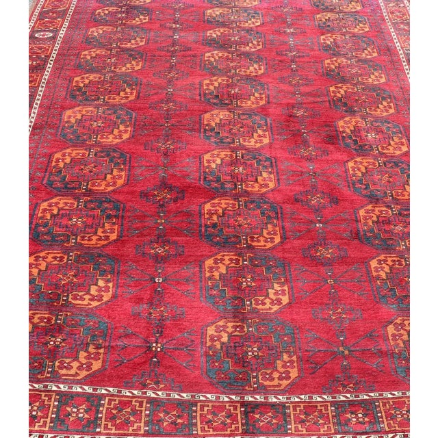 Antique Ersari Rug in Wool With Gul Design in Ivory, Blue, Red and Orange 8'2 X 11'8 For Sale In Atlanta - Image 6 of 11