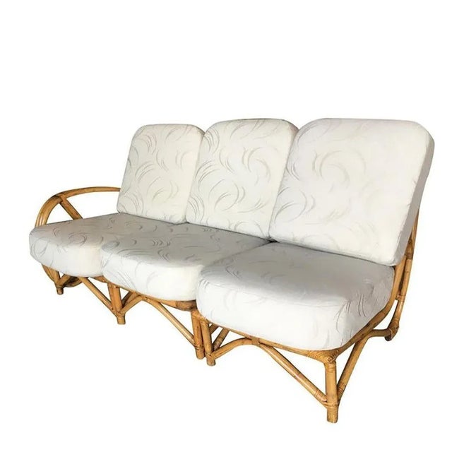 1950s Restored 3/4 Pretzel Rattan 3-Seat Sectional Sofa with 2-Tier Side Table For Sale - Image 4 of 8