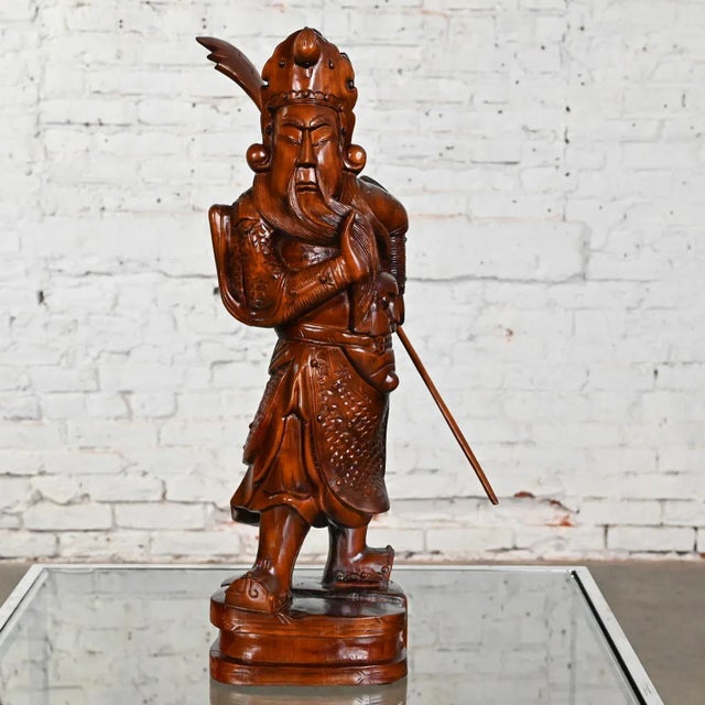 Handsome vintage Asian Chinoiserie rosewood Guan Yu or Chinese warrior hand carved larger scale sculpture. Beautiful...