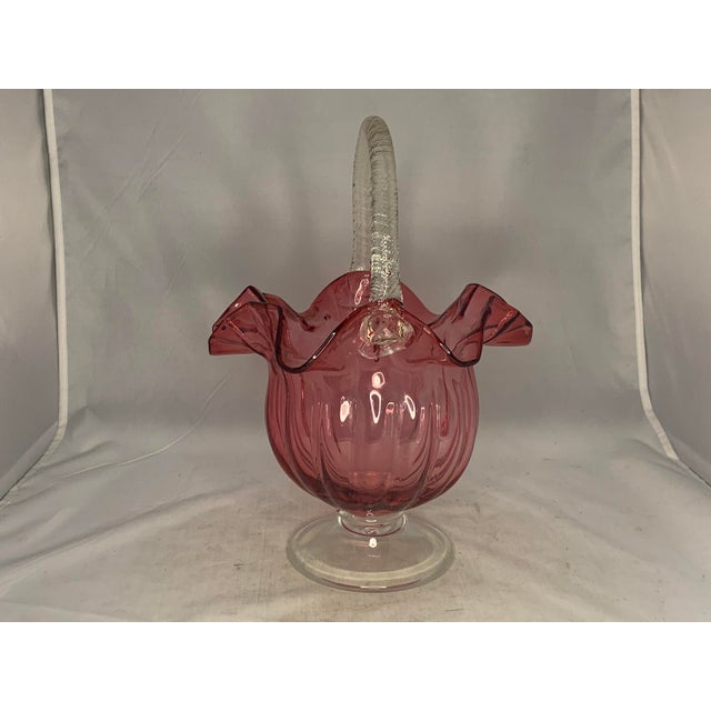 19th Century 19th Century Victorian Cranberry Glass Basket: Ruffled Edge, Clear Handle, 13" Tall For Sale - Image 5 of 10