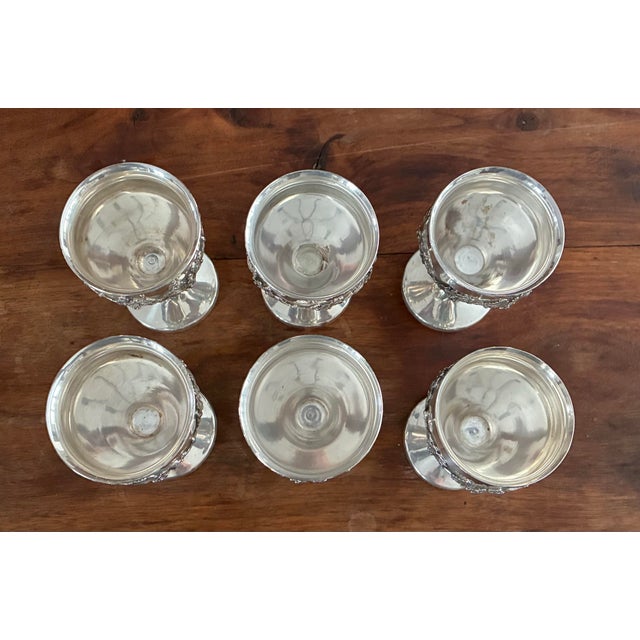 Silver Antique Silverplate Liqueur Service - Ewer, 6 Goblets & Tray - Bacchus Grape - Homan Silver Co. c.1900–1930 For Sale - Image 8 of 10