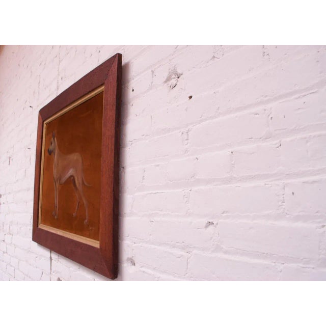 Handsome portrait of a Great Dane by painter, Lawrence Shelby. Oil paint on rust-colored velvet canvas, framed by stained...